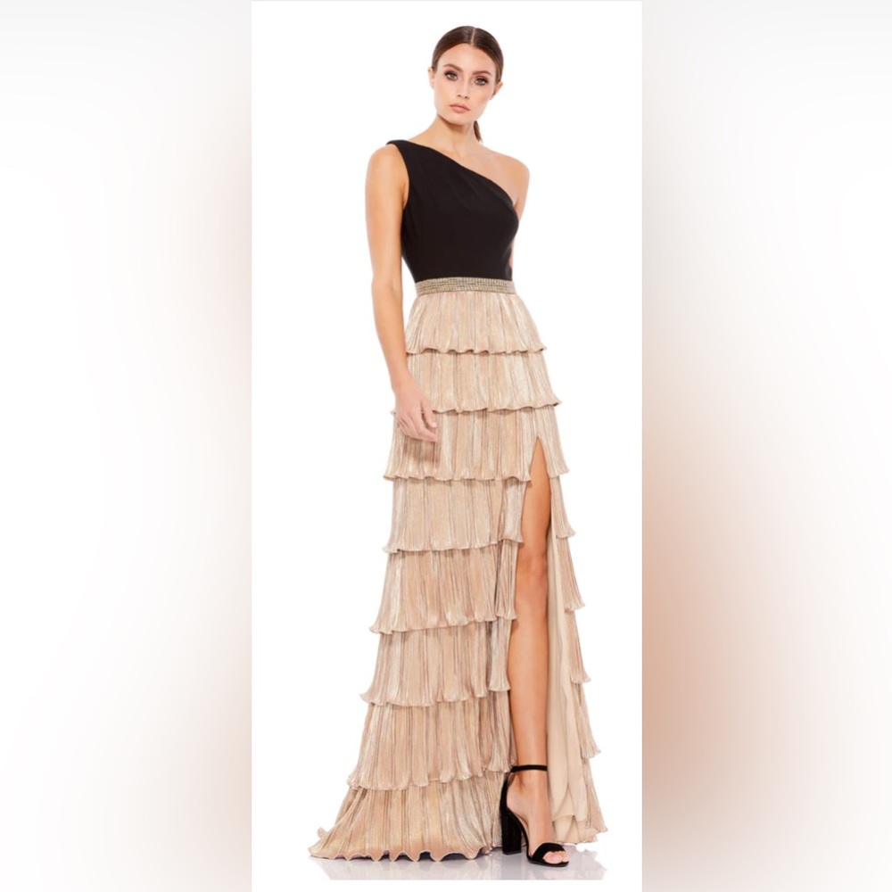 Mac Duggal Black and Gold One-Shoulder Wedding Dress